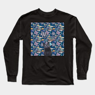 Black cat watching a blue fish tank Long Sleeve T-Shirt